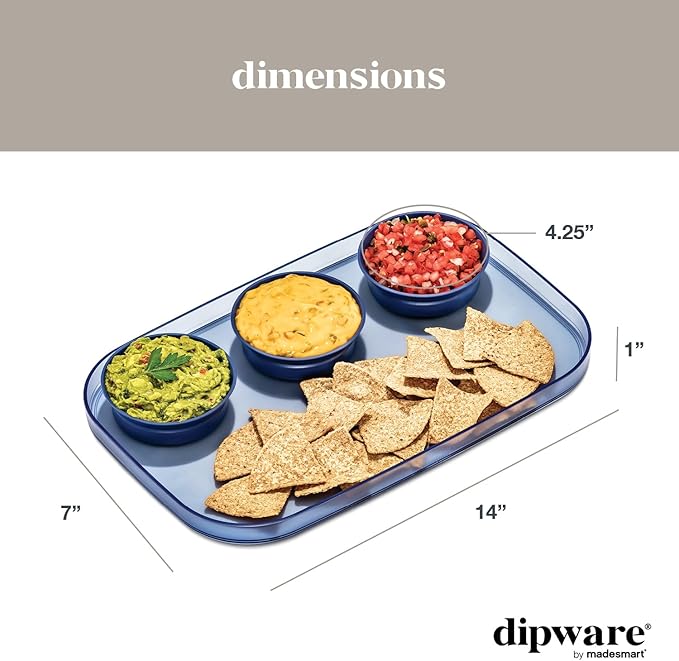 madesmart dipware 3 Bowl Serving Tray, Stackable & Removable Dip Bowls for Charcuterie, Guacomole, Snacks, Veggies, Premium Dishwasher & Microwave Safe, Multipurpose Plate & Bowl, Blue