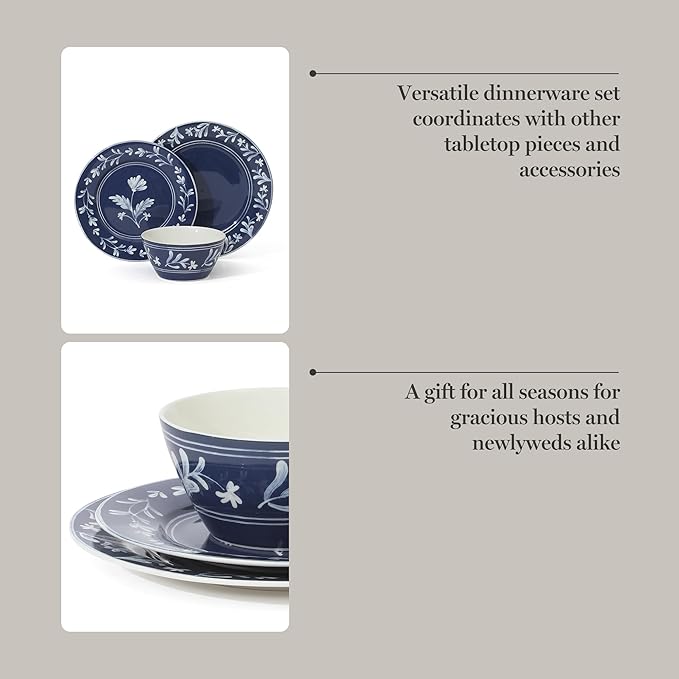 Martha Stewart Dinnerware Set- Maiden Crown 12-Piece Sky Blue Dishes – New Bone China Ceramic Plates & Bowls – Floral Design – Service for 4 – Microwave & Dishwasher Safe