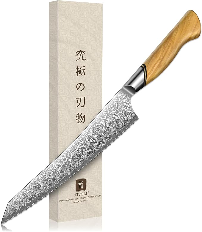 TIVOLI Damascus VG10 Serrated Bread Knife with Olive Wood Handle, Gift Box