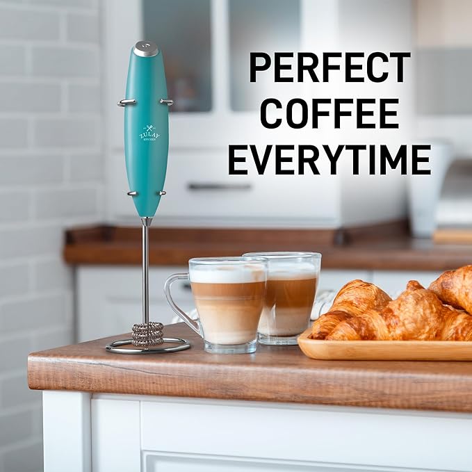 Zulay Kitchen Powerful Milk Frother Wand With Duracell Batteries - Ultra Fast Handheld Drink Mixer - Electric Whisk Foam Maker for Coffee, Lattes, Cappuccino & Matcha - Triple Whisk - Queen Turquoise