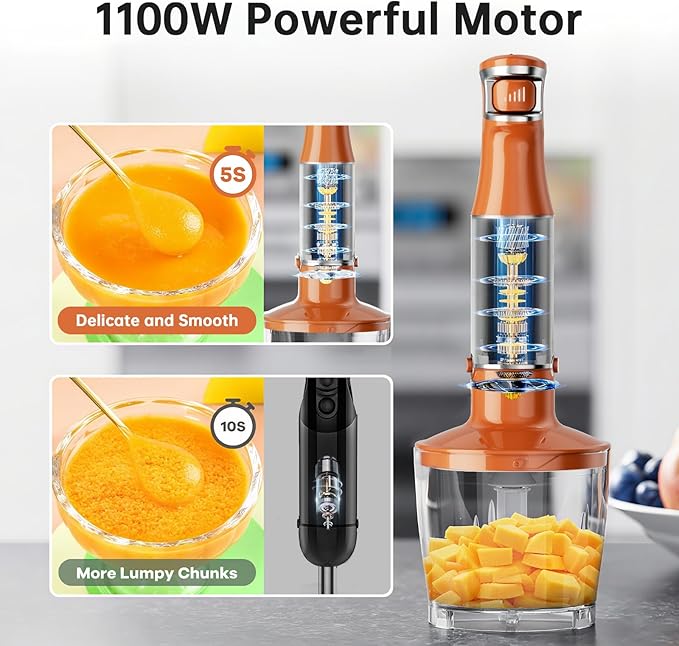 Turelar Immersion Blender Handheld Corded Hand Blenders Set 1100W, Trigger Variable Speed 5 in 1 Stick Emulsifier with Chopper, Whisk and Frother for Soup, Baby Food and Smoothies, Orange