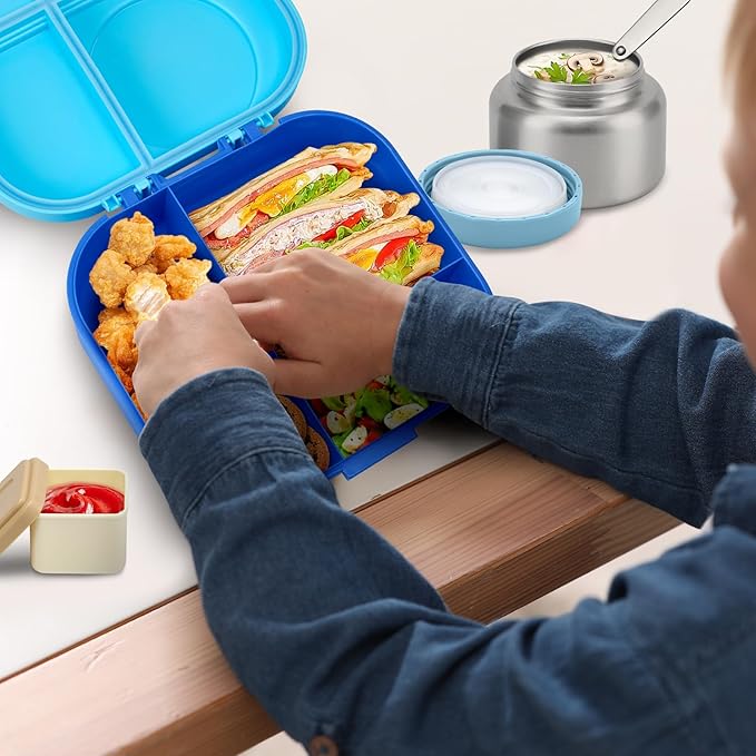 BOSEDSANG Bento Lunch Box for Kids with 12oz Soup Thermo,4 Compartments Lunch Box Containers Kids, Spoon&Sauce Jar, BPA Free&Leak proof,Insulated Food Jar for Travel((Blue)