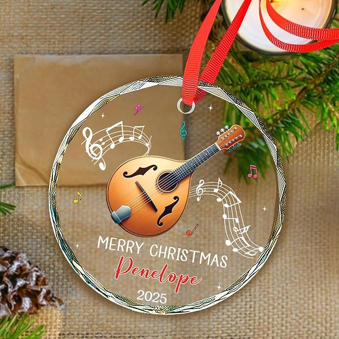 Personalized Mandolin Glass Ornament Xmas 2026, Musical Instrument Christmas Ornament Gift for Mandolin Player, Customized Text & Name Mandolinist Glass Keepsake, Instrument Lover Christmas Ornaments
