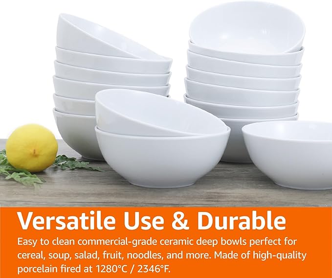 Amazon Basics 16-Pack White Porcelain Coupe Soup Bowl, 5.9" Diameter, Round, Microwave-Safe, Commercial-Grade
