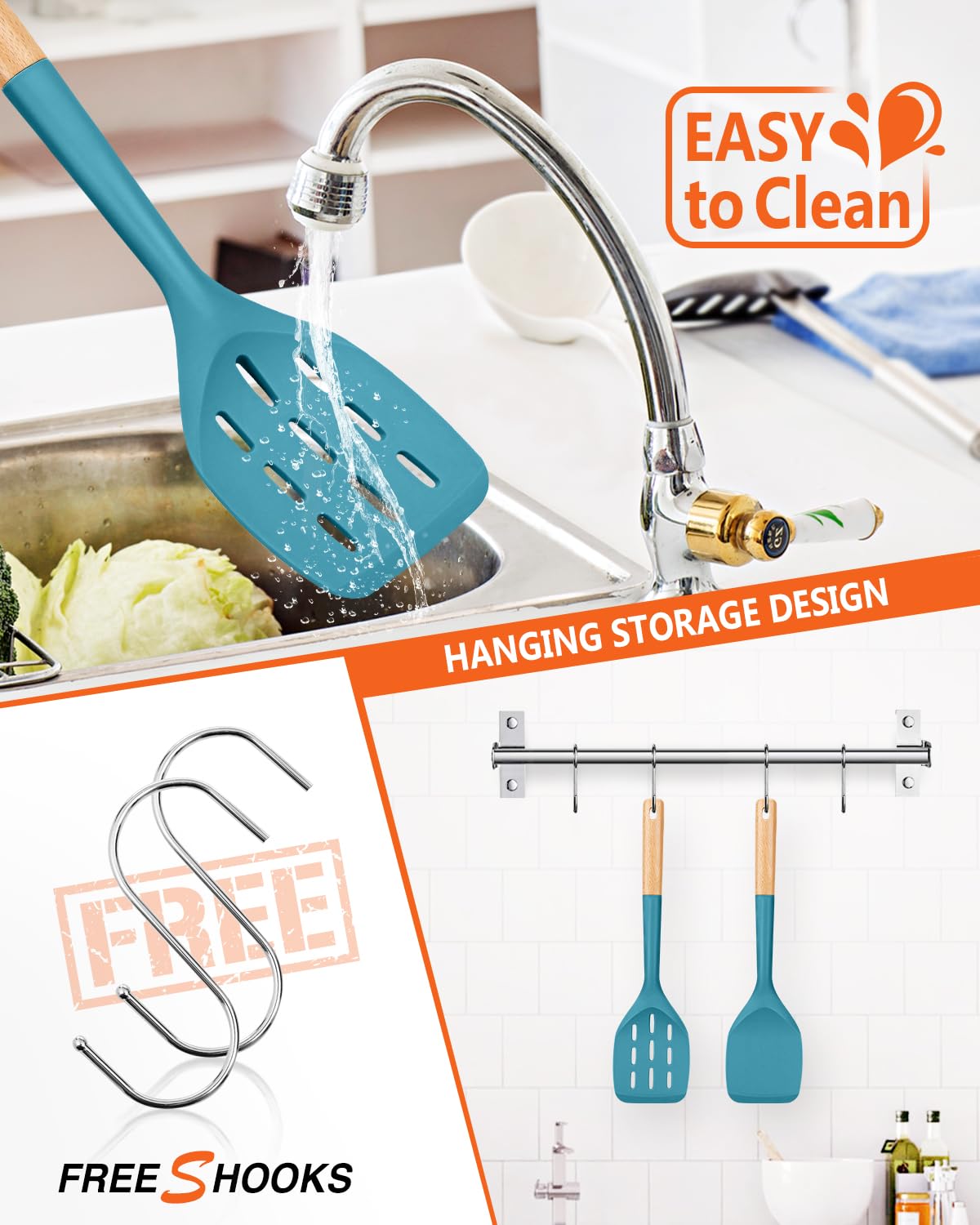Badiano Silicone Spatula, Non Stick Turner for Cooking, Food Grade, Blue