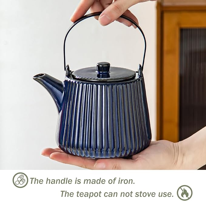 Yundu Ceramic Teapots for Tea, 1000ml/33.8oz Tea Pot with Infusers for Loose Tea, Striped Tea Pot with Removable Tea Infuser - Reactive Blue