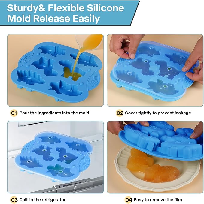 2-Pack Silicone Dinosaur Molds with Lids, Multi-Purpose Jello Molds for Kids, Dinosaur Silicone Mold for Chocolate, Baking & Crafting Tool for Cake, Candy, Jello, Ice Cubes - Blue