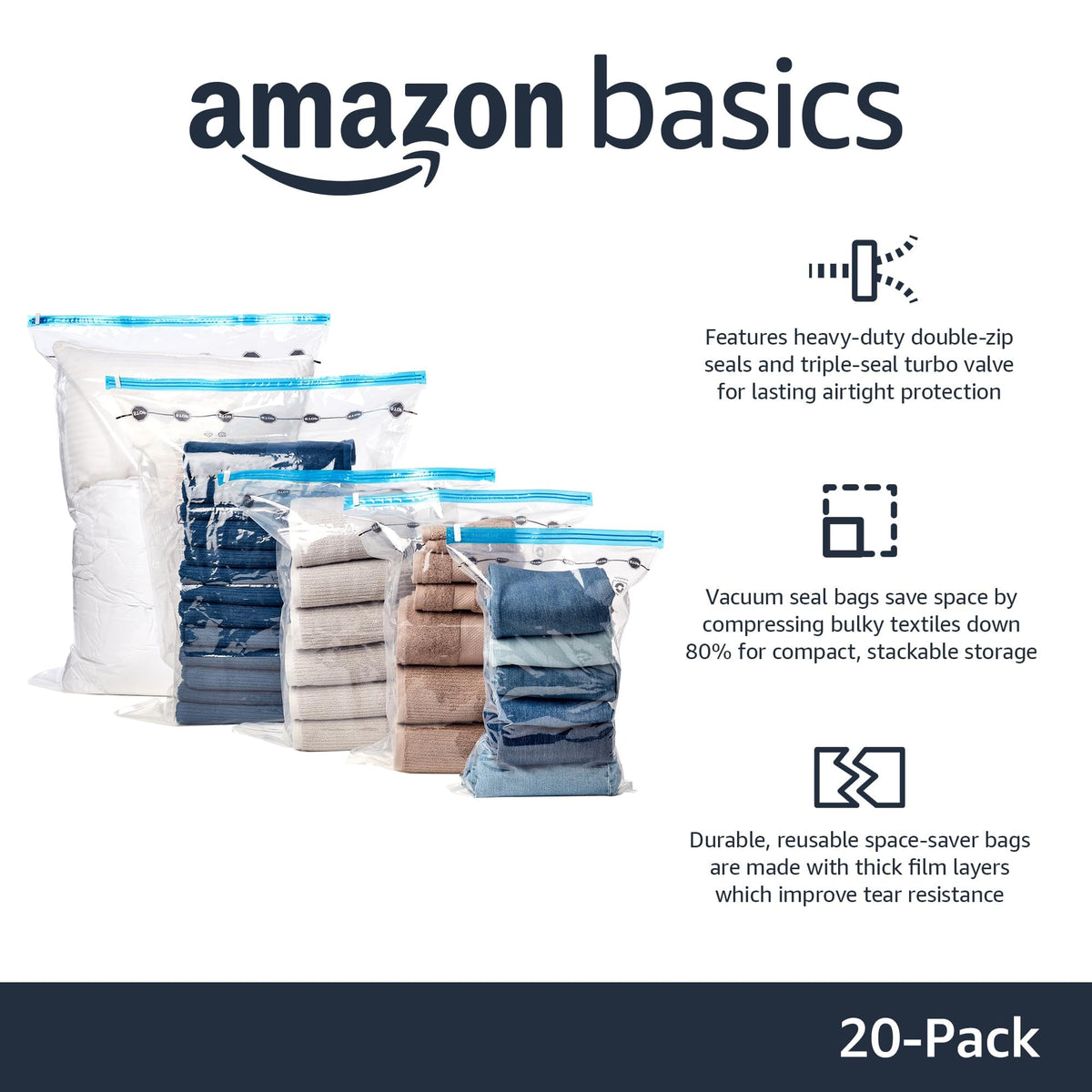 Amazon Basics Vacuum Storage Bags with Hand Pump for Travel, Space Saving Compression Bags for Clothes, Clothing, Blankets and Duvets, Clear, 20 Pack (5 Small, 5 Medium, 5 Large & 5 Jumbo)