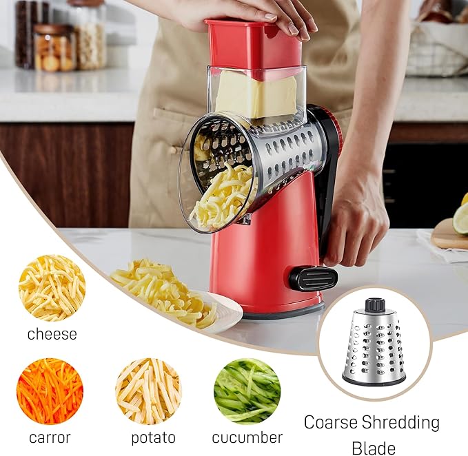 Weltonhm 4 in 1 Large Rotary Cheese Grater Hand Crank (Red black 4 Graters)