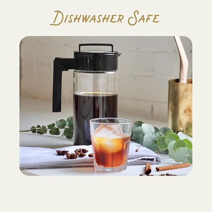 Takeya Deluxe Cold Brew Coffee Maker - BPA-Free Tritan Pitcher with Airtight Leakproof Lid, Silicone Grip Handle, Fine-Mesh Filter - Shatter-Proof, Dishwasher Safe, Made in USA - 1 Quart/Black