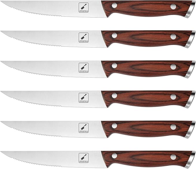 imarku Steak Knives Set of 6, Japanese HC Steel, Serrated, Gift Box