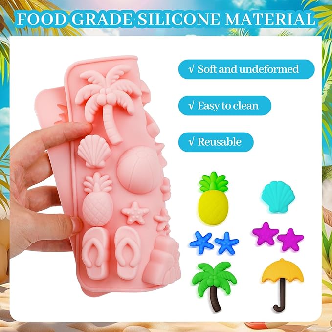 2 Pcs Summer Beach Theme Silicone Molds with 2 Droppers and 1 Brush, Silicone Pineapple Castle Sun Starfish Shell Chocolate Candy Mold for Summer Party Marine Baking Mold