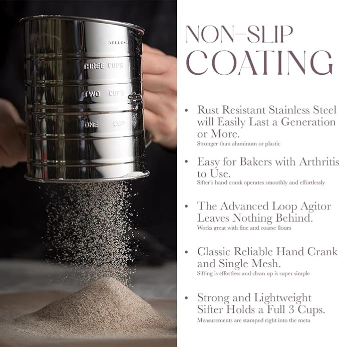Bellemain Stainless Steel Flour Sifter for Baking with Hand Crank - 3 Cup
