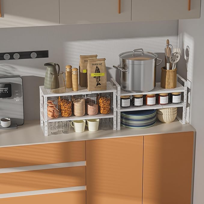 Wobmmi Expandable,Adjustable & Stackable Spice Rack, Cabinet Kitchen Countertop Shelf Organizer,Metal Pantry Storage Shelves - Space-Saving Storage Solution(2Packs/White/Large)