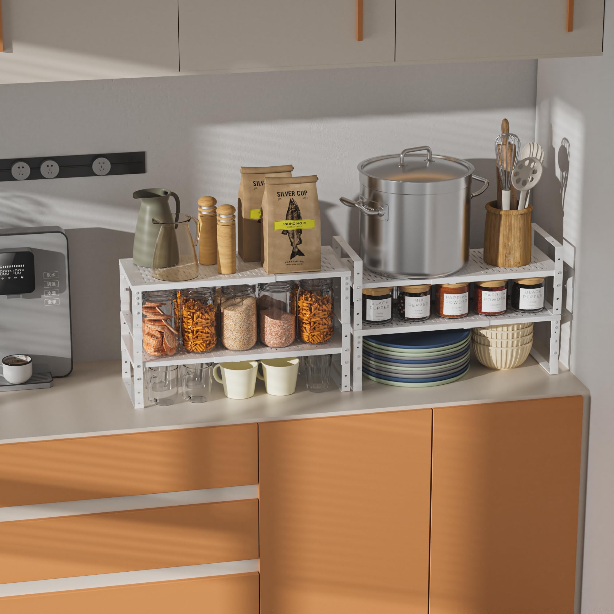 Wobmmi Expandable,Adjustable & Stackable Spice Rack, Cabinet Kitchen Countertop Shelf Organizer,Metal Pantry Storage Shelves - Space-Saving Storage Solution(2Packs/White/Large)
