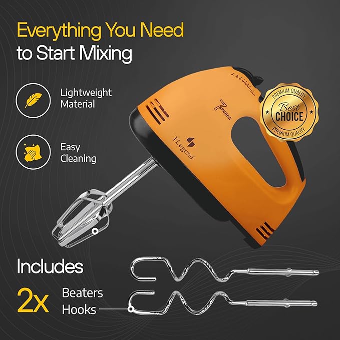 TechnoLegend Hand Mixer Electric Handheld – 7 Speed Ultra Power Electric Mixer Handheld (Orange)