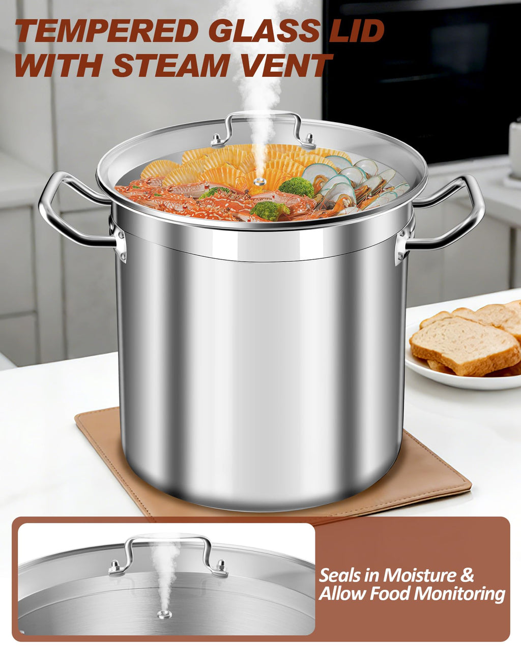 Large Stock Pot 20 Quart - Commercial Grade Soup Pot With Glass Lid - Nickel Free Stainless Steel Cookware - Healthy Polished Stockpots - Heavy Duty Induction Pots