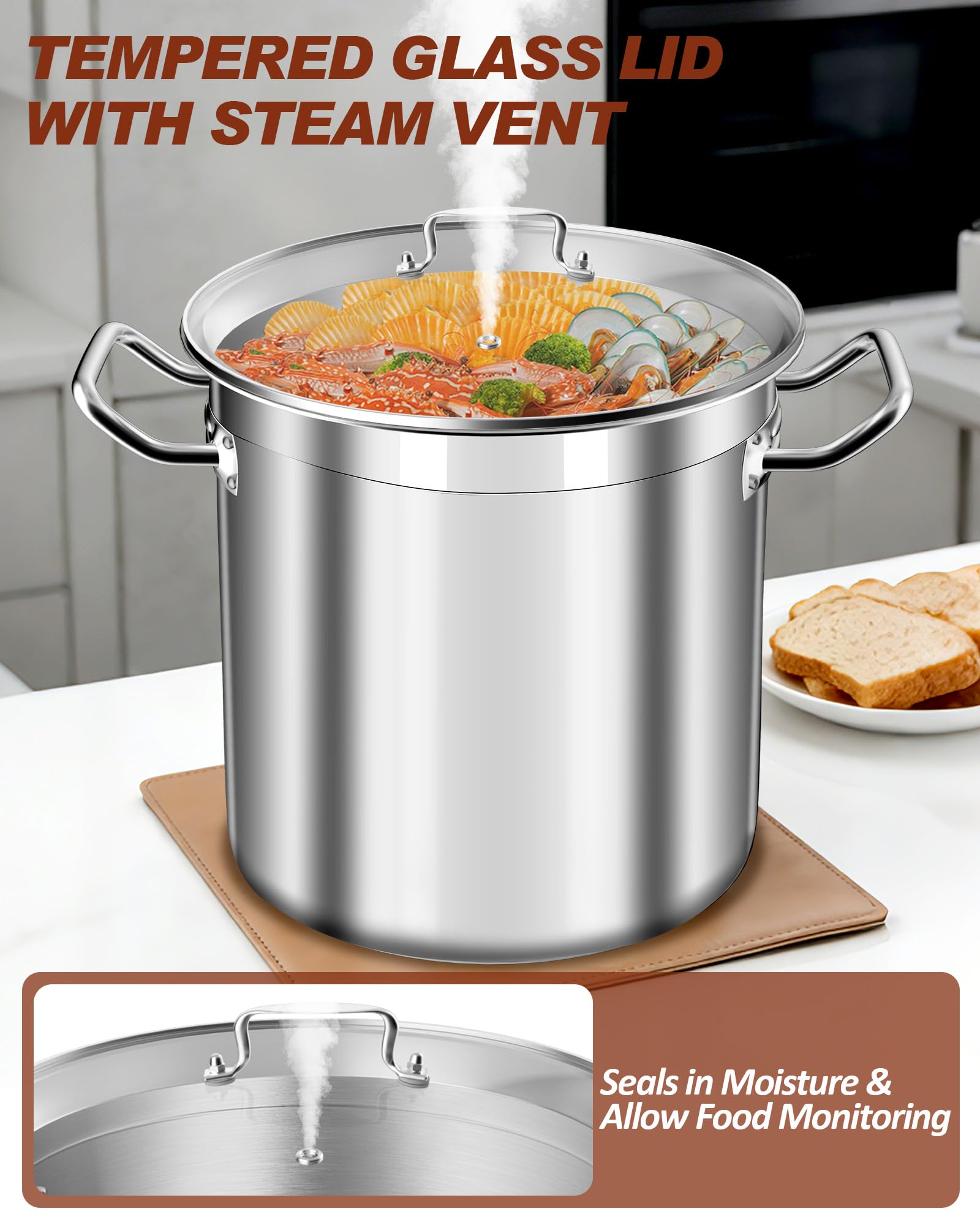 Large Stock Pot 20 Quart - Commercial Grade Soup Pot With Glass Lid - Nickel Free Stainless Steel Cookware - Healthy Polished Stockpots - Heavy Duty Induction Pots