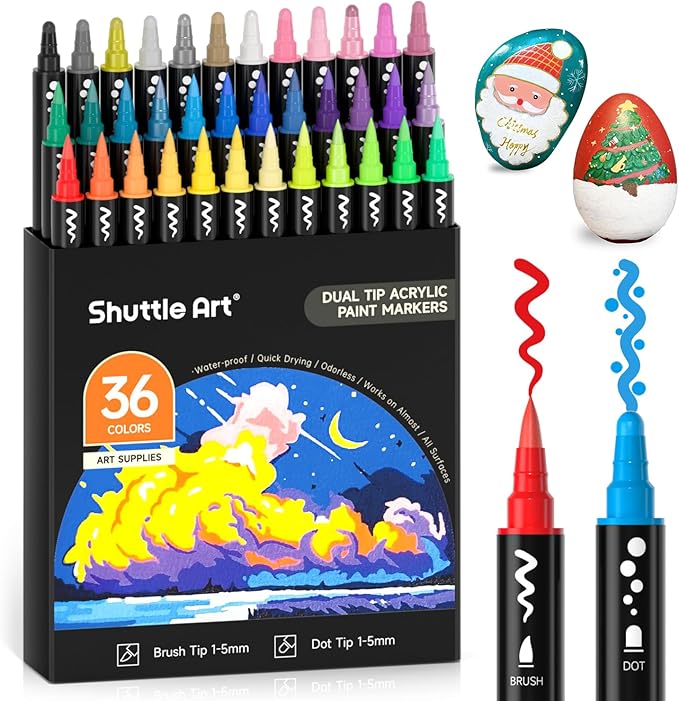 Shuttle Art 36 Colors Dual Tip Acrylic Paint Markers, Brush Tip and Dot Tip Acrylic Paint Pens for Rock Painting, Ceramic, Wood, Canvas, Plastic, Glass, Stone, Calligraphy, Card, DIY Football Crafts