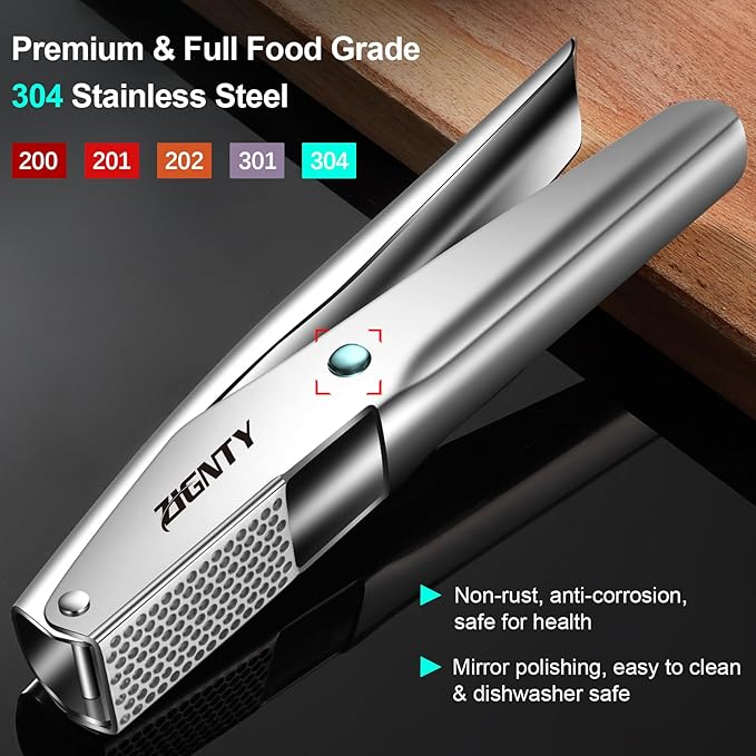 ZIGNTY Garlic Press Stainless Steel, Professional Crusher No Peel Required
