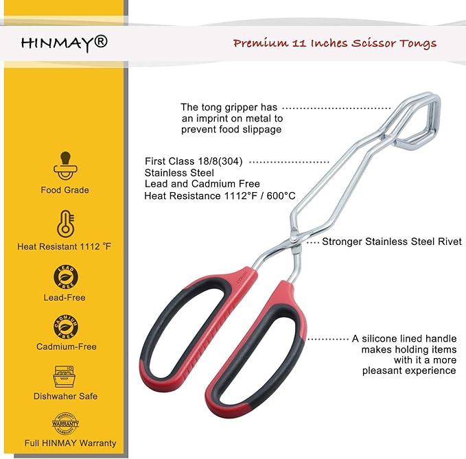HINMAY Scissor Tongs 11-Inch Heavy Duty Stainless Steel Scissor Cooking Tongs