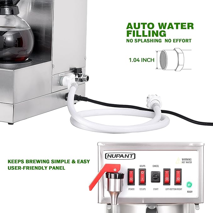 NUPANT 12 Cup Commercial Coffee Maker Auto Filling Drip Coffee Machine with 3 Carafes 3 Warmers, Filters, Stainless Steel Pour Over Coffee Brewer with Hot Water Dispenser for Restaurant Office Cafe