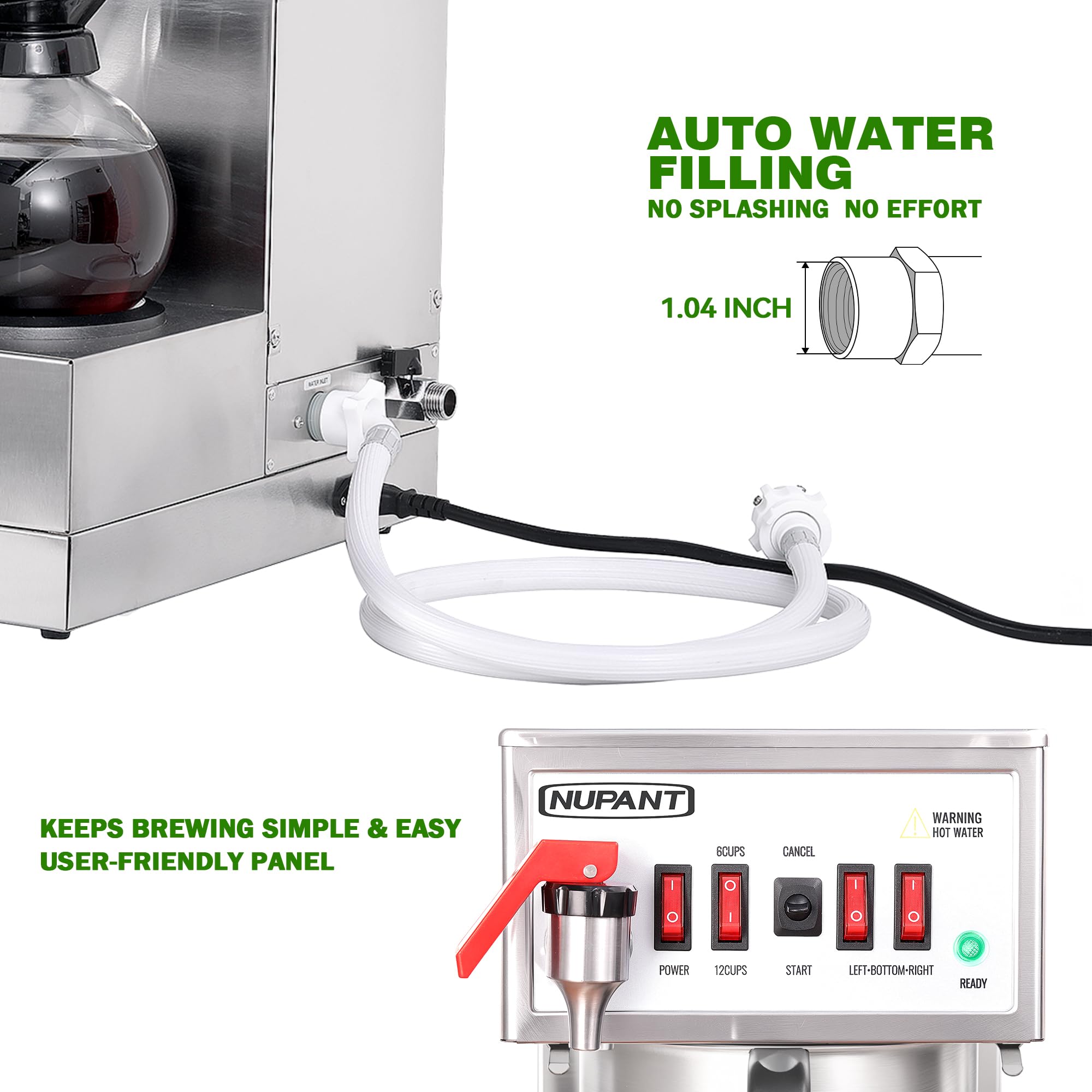 NUPANT 12 Cup Commercial Coffee Maker Auto Filling Drip Coffee Machine with 3 Carafes 3 Warmers, Filters, Stainless Steel Pour Over Coffee Brewer with Hot Water Dispenser for Restaurant Office Cafe