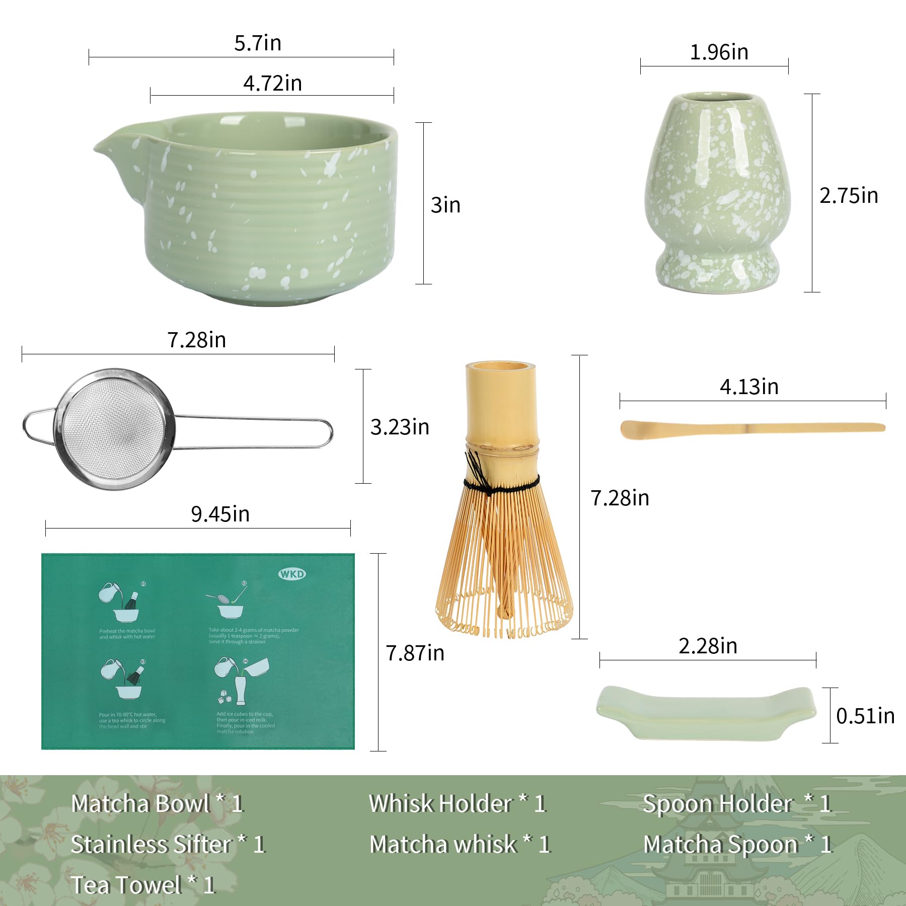 Matcha Whisk Set, Ceramic Matcha Set Includes Matcha Bowl with Spout, Whisk & Holder, Bamboo Scoop, Stainless Sifter, Towel, Matcha Kit Making Tools,Light Green,7 PCS