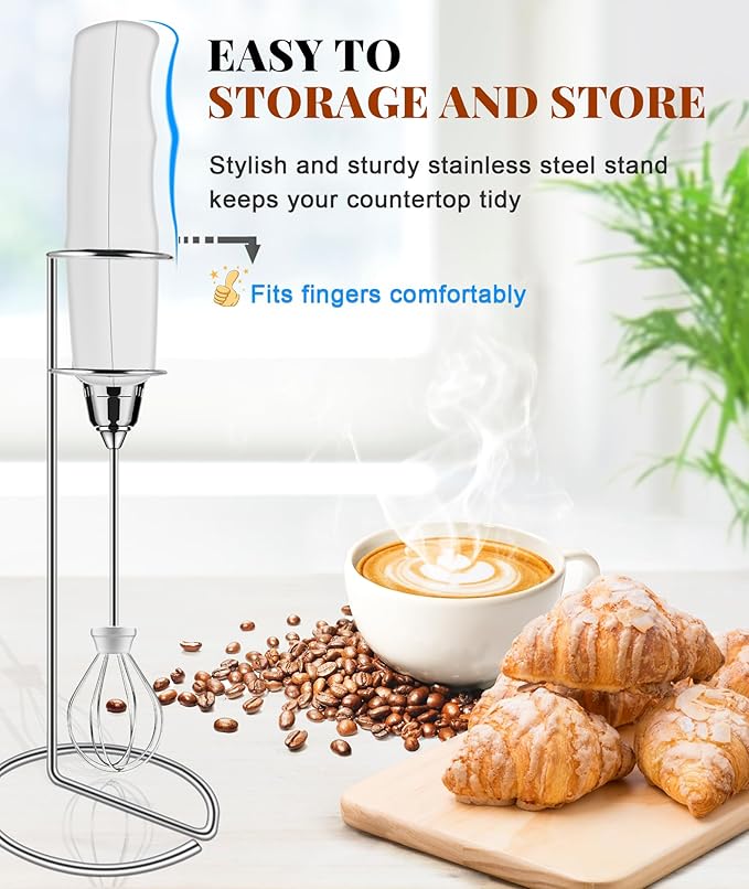 YUSWKO Handheld Milk Frother Wand for Coffee, Rechargeable Electric Whisk with 3 Heads 3 Speeds Drink Mixer Coffee Frother For Latte, Cappuccino, Hot Chocolate, Egg, White with Holder
