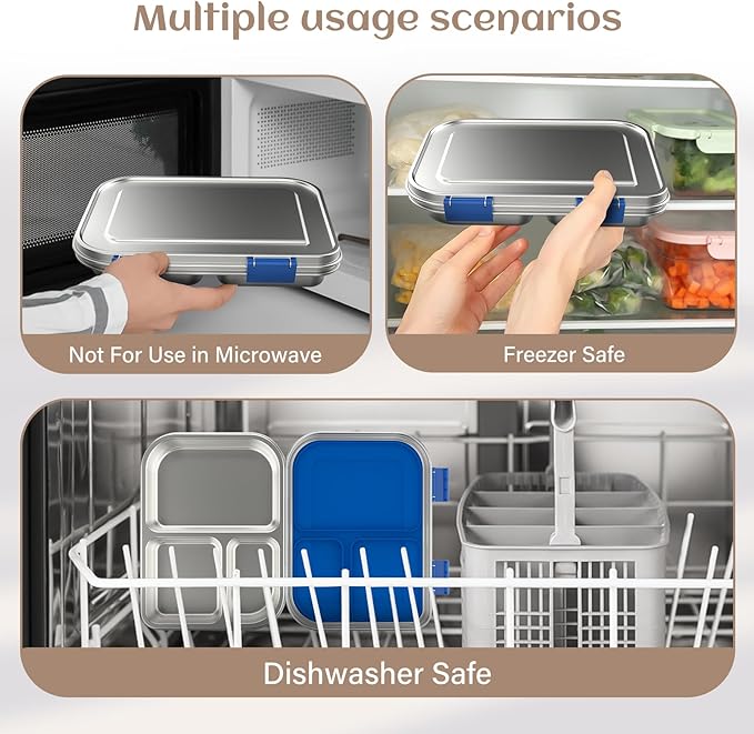BABHAMNESS Stainless Steel Bento Box Kids, 3 Compartments Leak Proof Metal Bento Lunch Box, 304 Stainless Steel Bento Lunch Containers for School and Office,Dishwasher Safe, BPA-Free-Blue