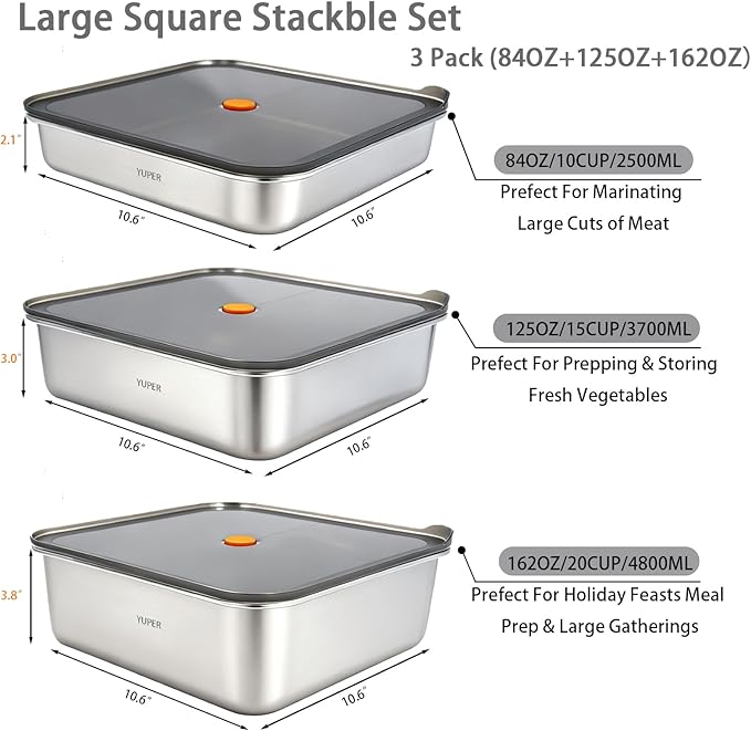 YUPER Stainless Steel Food Storage Containers, 3 Pack (84+125+162OZ)