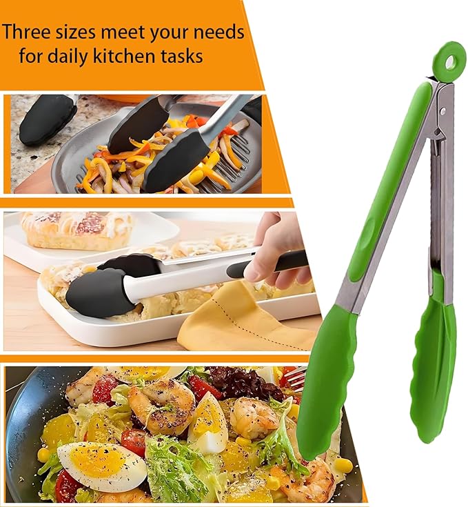 AMZDIAI Kitchen Tongs with Silicone Tips,Tongs for Cooking Heat Resistant 600 Degrees Stainless Steel Locking Tongs,Grass Green Set of 3-7", 9" and 12"