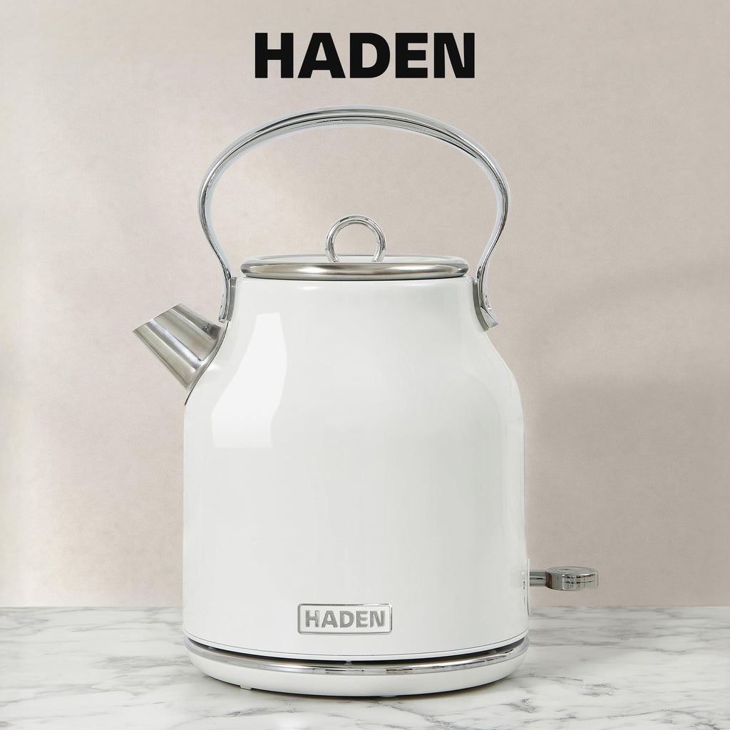 Haden Heritage Stainless Steel Body Retro Electric Tea Kettle, White and Haden Heritage 4 Slice Wide Slot Stainless Steel Retro Toaster, White