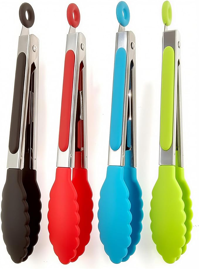 ZHIYE 4Pcs Silicone Tongs, Kitchen Tongs 7” Non-slip & Easy Grip Stainless Steel Handle - Smart Locking Clip - Heat Resistant, Food Grade