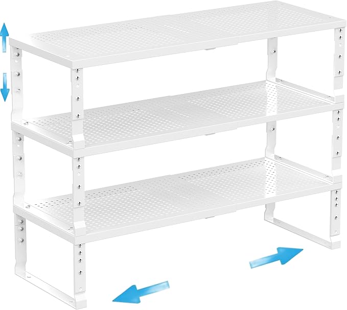 Wobmmi Expandable Spice Rack Kitchen Cabinet Shelf Organizer, Stackable Storage Shelves Racks, Adjustable Counter Shelving for Cabinets, Countertop, Cupboard,Pantry and More(3Packs/White/Medium)