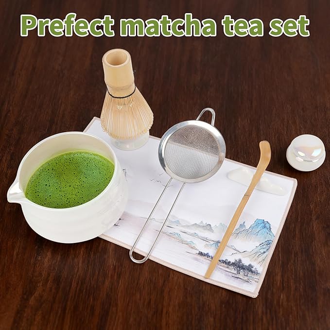ROMROC 8PCS Matcha Whisk Set, Ceramic Matcha Kit Set Whisk and Bowl (White)