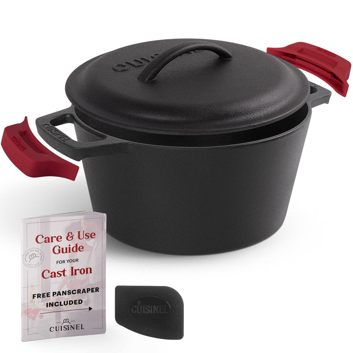 Cuisinel Cast Iron Dutch Oven - 7-Quart Deep Pot + Lid + Pan Scraper + Handle Covers - Large Pre-Seasoned Cooker for Baking Bread, Soup, Frying - Indoor/Outdoor Kitchen, Camping, Fire, BBQ Safe