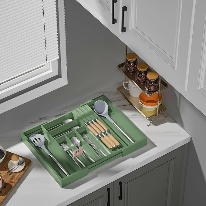 TIOPGHAD Expandable Bamboo Silverware Drawer Organizer Tray, Grayish Green