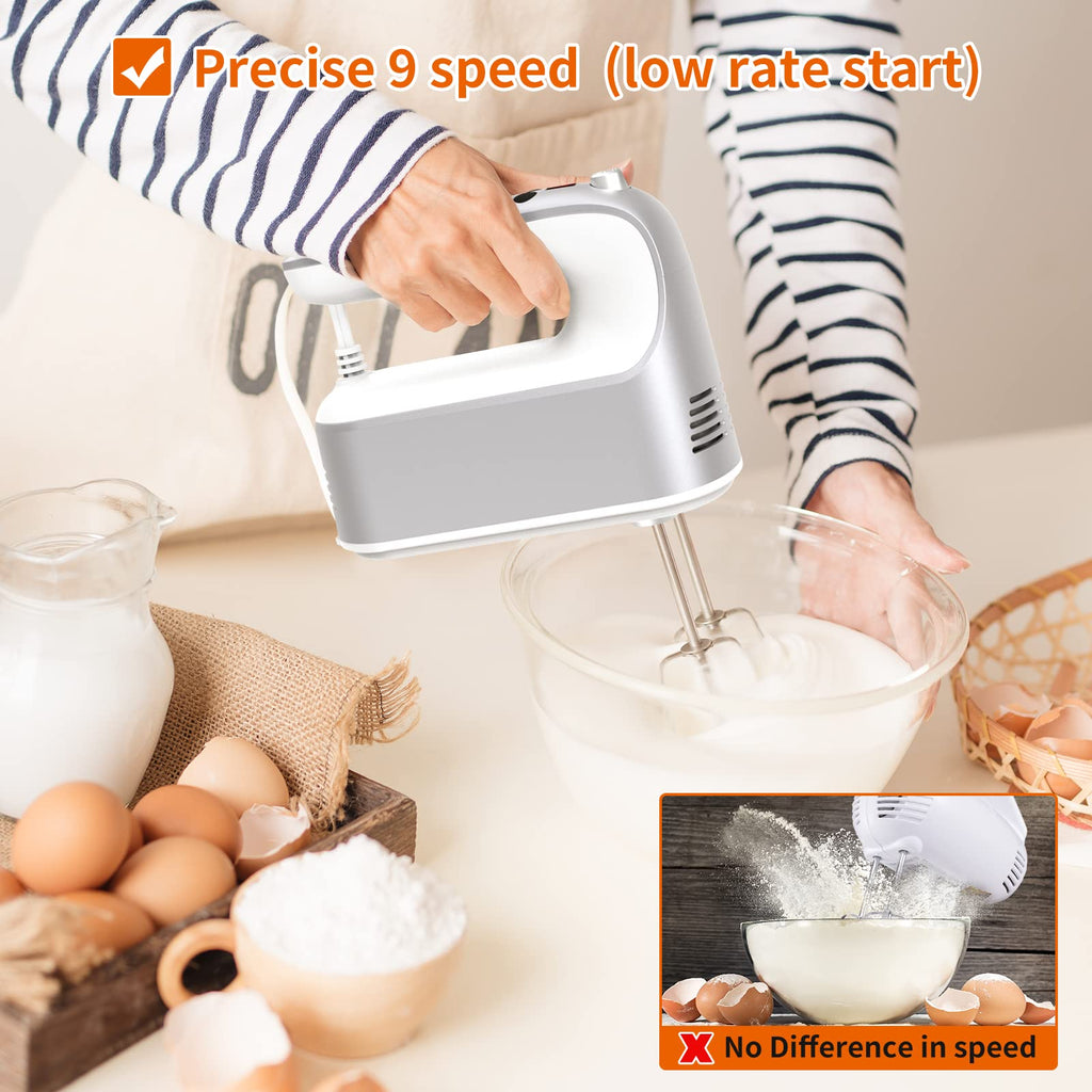 Yomelo 9-Speed Digital Hand Mixer Electric, 400W Powerful DC Motor, Hand Mixer Electric Handheld with Snap-On Storage Case, 5 Stainless Steel Accessories, Beaters, Dough Hooks, Whisk(Silvery White)