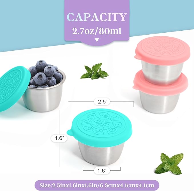 Qukaka 6x2.7 Oz Salad Dressing Container to Go,Handy Leakproof Stainless Steel Meal Prep Containers Reusable,Sauce Containers for Lunch Box, Picnics, Travel, Office and Kitchen Storage