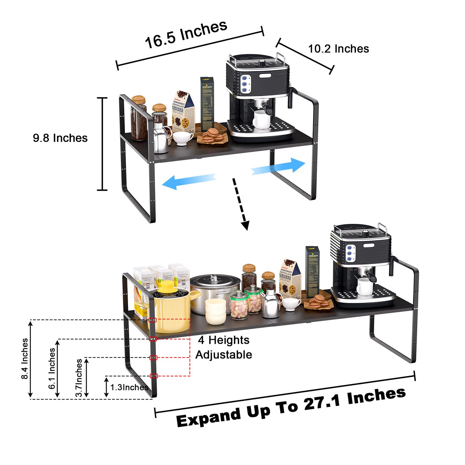 GEDLIRE Expandable Kitchen Cabinet Shelf Organizers 2 Pack, Stackable Metal Pantry Storage Shelves Rack, Adjustable Counter Shelf for Cabinets, Countertop, Cupboard Organizers and Storage, Black