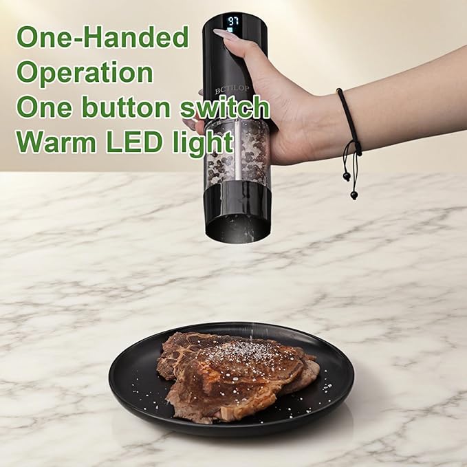 BCTILOP 2Pack Electric Salt and Pepper Grinder Set with Power Display, USB Rechargeable Automatic Salt & Pepper Mills, Adjustable Coarseness, 120ml Larger Capacity with LED Light (Black Set)