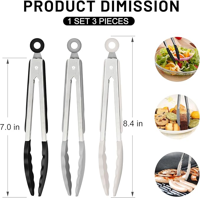 Hotec 7-Inch Mini Silicone Kitchen Tongs, Heat Resistant Non-Stick Small Serving Tongs with Silicone Tips, Food Safe Cooking Tongs Set of 3 (Black, Grey, White)