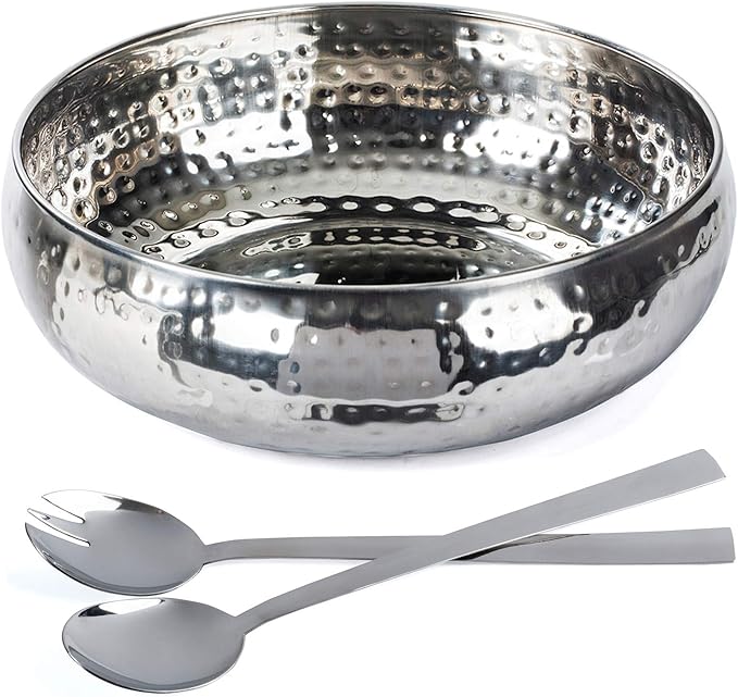 Colleta Home Salad Bowl and Serving Utensils - Hammered Detailing - Stainless Steel Mixing Bowls with Lids- Luxurious Serving Bowls (12" Hammered Salad Bowl)