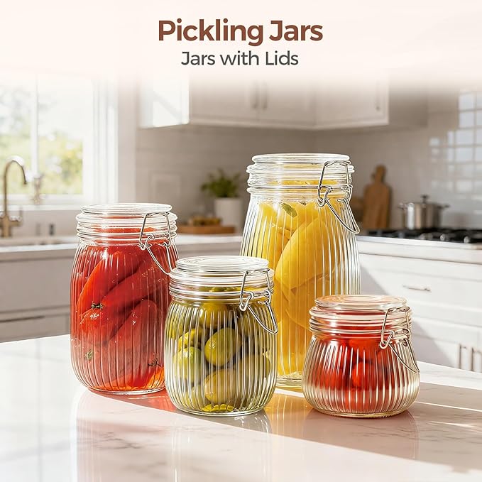 ComSaf Large Ribbed Glass Jars with Airtight Lids 51 oz 3 Pack Wide Mouth