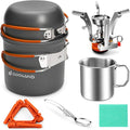 Odoland 8pcs Camping Cookware Mess Kit, Camping Pot and Pan Set with Mini Backpacking Stove, Stainless Steel Cup, Spork and Tank Bracket, Cooking Gear for Outdoor, Hiking, Picnic, Campfire, Red