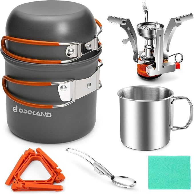 Odoland 8pcs Camping Cookware Mess Kit, Camping Pot and Pan Set with Mini Backpacking Stove, Stainless Steel Cup, Spork and Tank Bracket, Cooking Gear for Outdoor, Hiking, Picnic, Campfire, Red