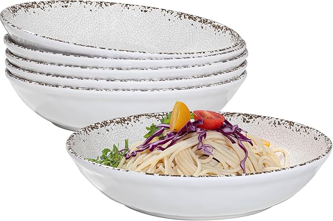 ZAROCRUS Rustic White Melamine Pasta Bowls, 6 Pack 9.25 inch Serving Bowls, Wide and Shallow All-purpose Bowl, Unbreakable Kitchen Bowls for Salad, Pasta, Ramen, Soup, Noodle, Fruit. Dishwasher Safe…