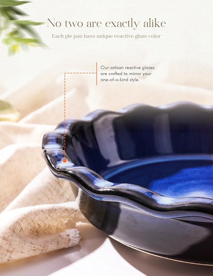Pie Pan for Baking 9 Inch Ceramic Pie Dish for Apple Pie, Quiche, 48oz Blue