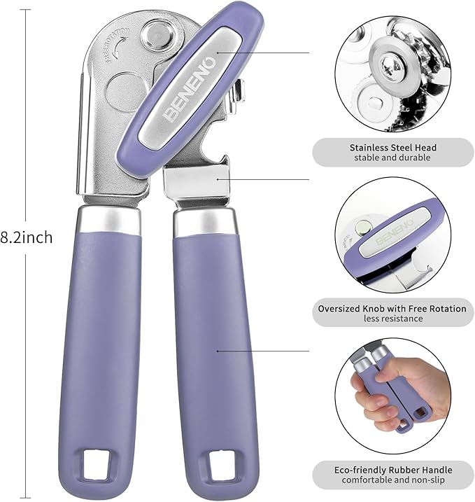 Beneno Heavy Duty Hand Can Opener Manual with Magnet Lid Remover, Purple